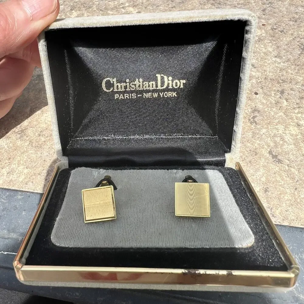 Vintage Christian Dior Gold Tone Cufflinks Signed Mismatched Pair With Box